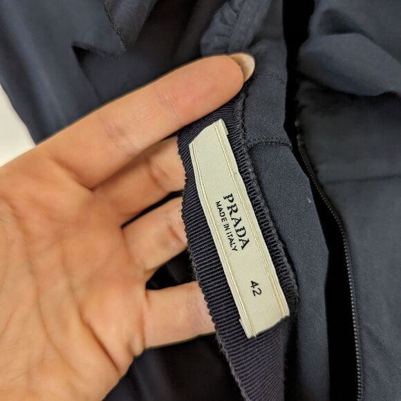 Prada navy blue ruffle stretch cotton square neck sleeveless mini dress - Picture 2 of 5